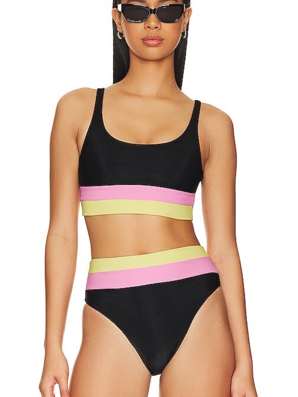 Beach Riot Black Ribbed Bikini with Pink & Lime Bands